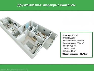 карасаев: 2 бөлмө, 71 м², Шаардык МАИ 108-серия, 8 кабат, ПСО (өз алдынча бүтүрүү) — 3