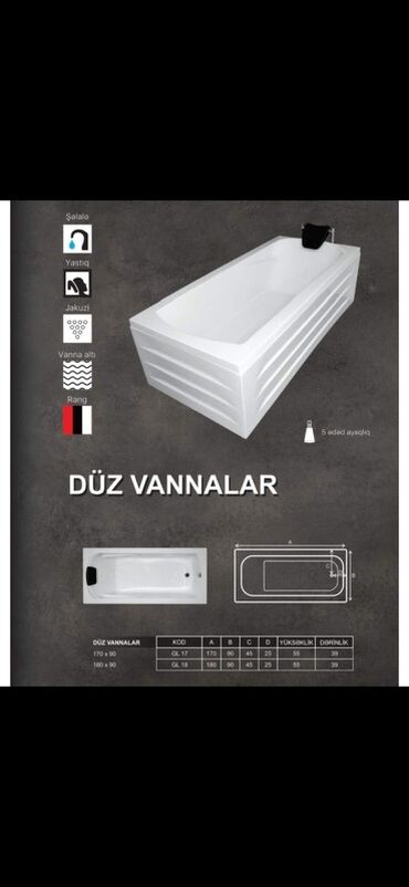 hamam üçün vanna: Ağ rəngdə düzbucaqlı forma və müasir dizayna malik vanna. Olcu 180*90