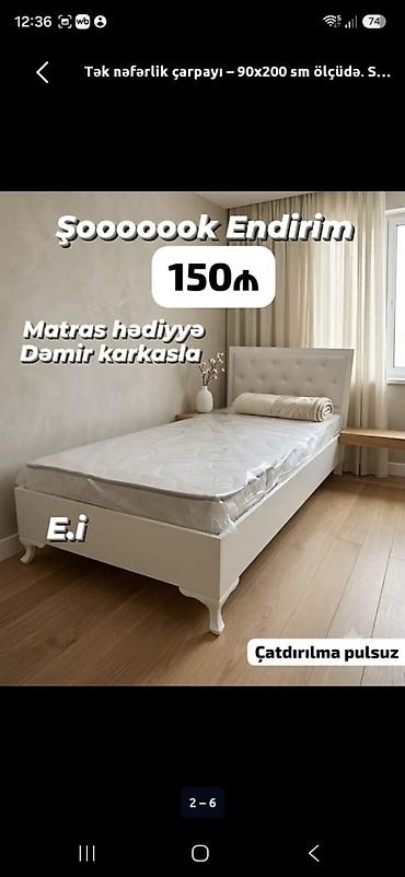 demir çarpayı: Tək nəfərlik çarpayı – 90x200 sm ölçüdə. Sadə və zövqlü dizayna malik — 1
