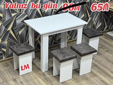 Mətbəx dəsti – masa + 4 taburet - Rəng: ağ masa, tünd boz oturacaqlar
