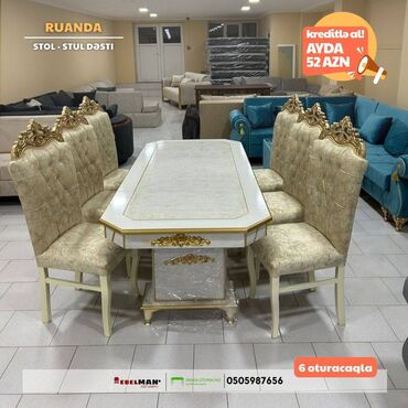 Masa və oturacaq dəstləri: Qonaq otağı üçün, Yeni, Açılmayan, Dördbucaq masa, 6 stul — 5