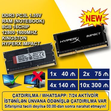 notebook ehtiyat hisseleri: Operativ yaddaş (RAM) HyperX, 8 GB, 1600 Mhz, DDR3, Noutbuk üçün, Yeni