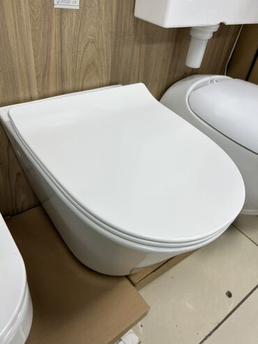 Унитазы: Подвесной унитаз с крышкой белого цвета. Компактный дизайн позволяет