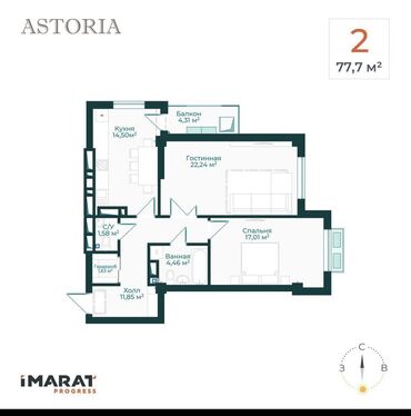 купить квартиру 1 комнатную: 2 комнаты, 78 м², Элитка, 12 этаж, ПСО (под самоотделку)
