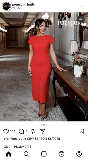 Plaşlar: Kameya brendi, 1 dəfə geyinilib, 200azn.ə alınıb Qadın qırmızı midi