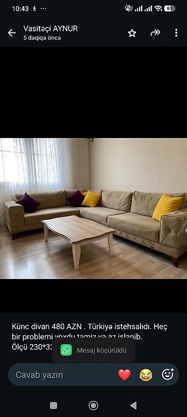 Divanlar: Künc divan 480 AZN . Türkiyə istehsalıdı. Heç bir problemi yoxdu təmiz — 1