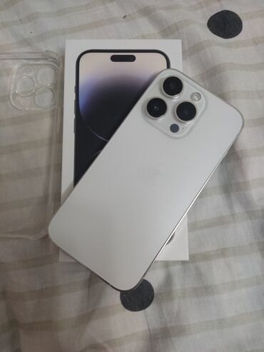 Apple iPhone: IPhone 14 Pro, Б/у, 256 ГБ, White Titanium, Защитное стекло, Чехол, Кабель, 100 %