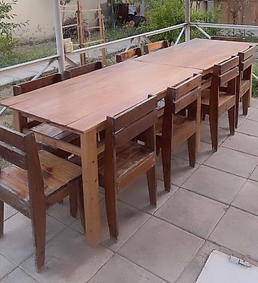 mebel stol stul: Tecili satilir. Taxta lakli. Uzun 10 neferlik masa. 10 oturacaq. Bu — 1