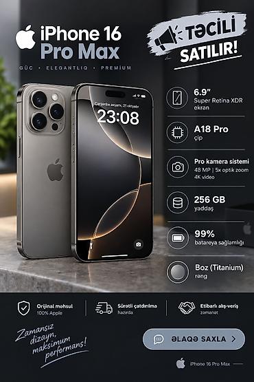 apple iphone 16: IPhone 16 Pro Max, 256 GB, Natural Titanium, Zəmanət — 1