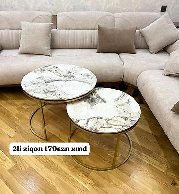 qedimi mebel: İki ədəd dairəvi salon stol dəsti - Üst lövhə: mərmər naxışlı dairəvi — 1