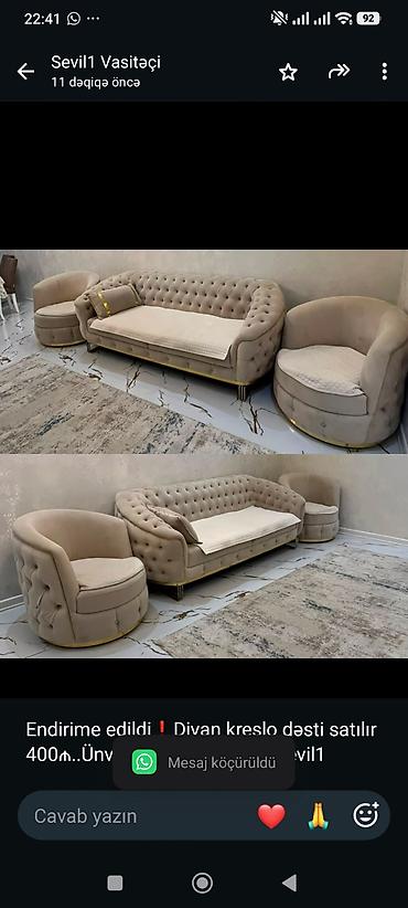 Endirime edildi❗Divan kreslo dəsti satılır 400₼. Ünvan binə