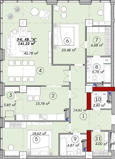 50: 3 комнаты, 141 м², Элитка, 9 этаж, ПСО (под самоотделку) — 3