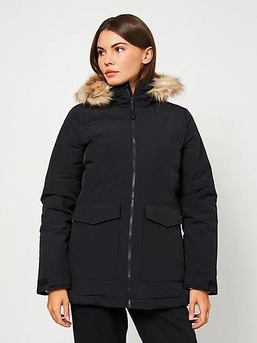 Женская зимняя парка Adidas черного цвета с капюшоном и меховой