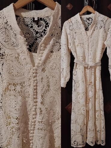 jaketlər: Krem rəngli, uzun krujeva paltar-kardiqan. - Model: V-yaxa, uzun qol