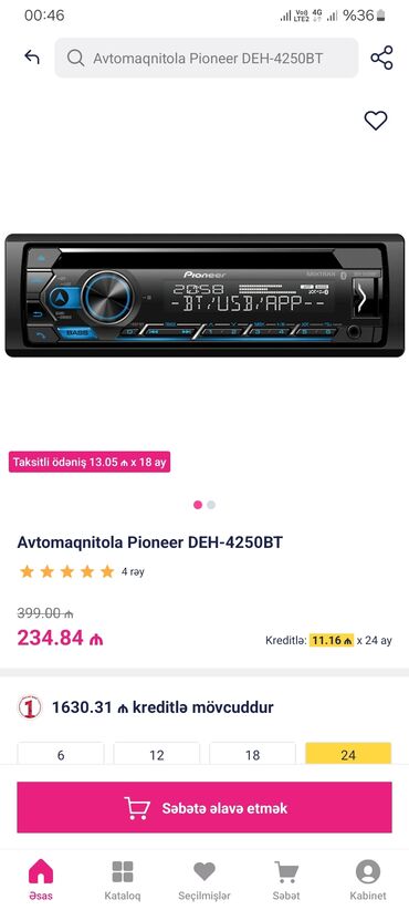 Dinamiklər və sabvuferlər: Pioneer DEH-4250BT 1 ay əvvəl rəsmi mağazadan almışam 235 manata