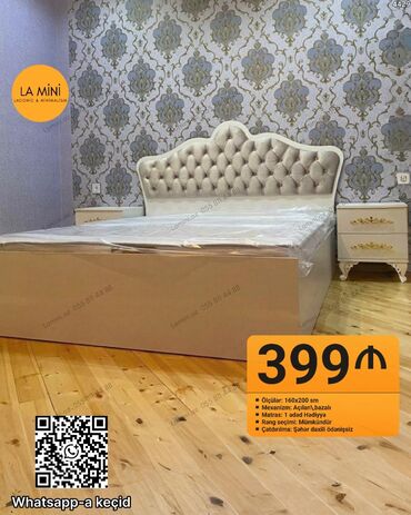 Çarpayılar: Məhsul: Yumşaq başlıqlı, bazalı yataq dəsti - Ölçülər: 160x200 sm -