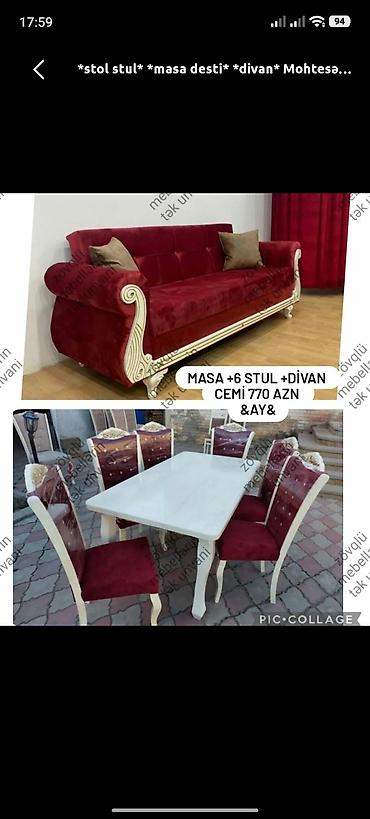 Mebel dəsti – masa, 6 ədəd stul və divan - Divan: qırmızı məxmərə