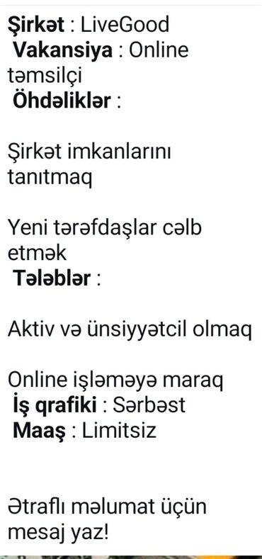 dırnaq ustası vakansiya: Salam. Sizleri LİVEQOOD şirkəti ilə emekdaşlıq etmeye devet edirem