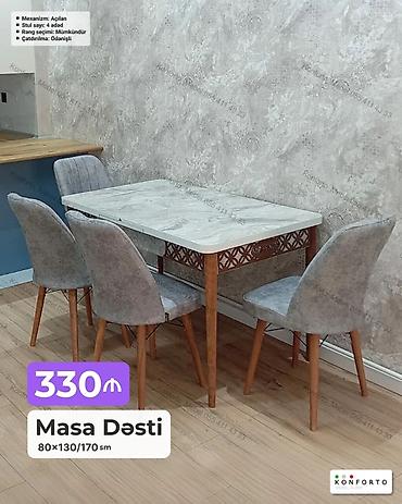 Masa dəsti – 4 stul + açılan masa Ölçü: - Masa: 80×130/170 sm (açılan