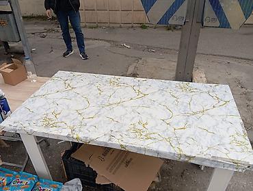 Masalar: Mərmər naxışlı masa - Üst səth: Ağ-boz mərmər effekti və qızılı damar — 1