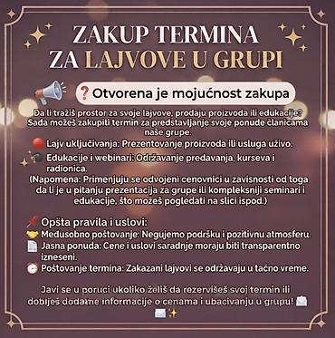 Zakup termina za lajvove u grupi – prezentacije, prodaja, edukacije i na lalafo.rs Zakup termina za lajvove u grupi – prezentacije, prodaja, edukacije i