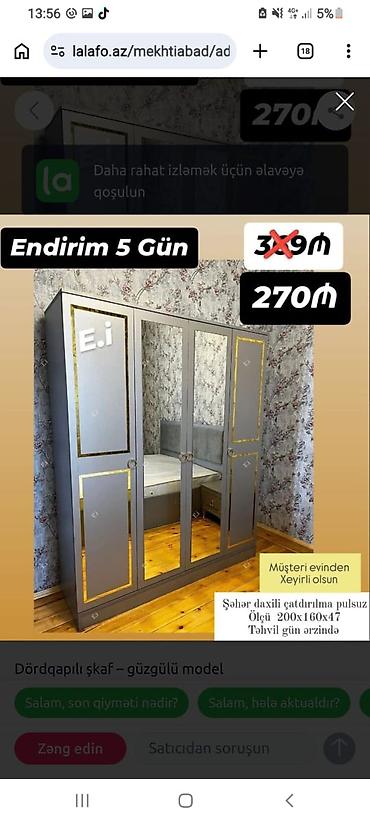 ayna qapi: Dördqapılı şkaf – güzgülü model - Rəng: boz (qızılı dekor haşiyələr) — 1