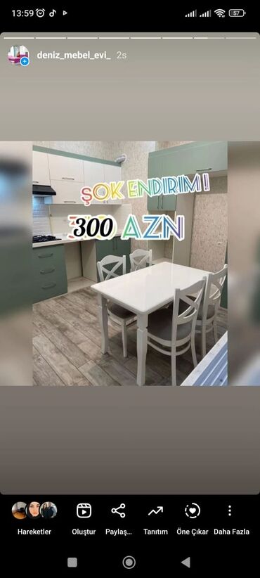 Çarpayılar: Mətbəx üçün, Yeni, Açılmayan, Dördbucaq masa, 4 stul