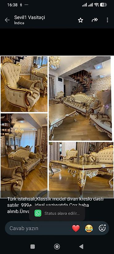 Türk istehsalı,Klassik model divan kreslo dəsti satılır 999₼. ideal lalafo.az -da Türk istehsalı,Klassik model divan kreslo dəsti satılır 999₼. ideal