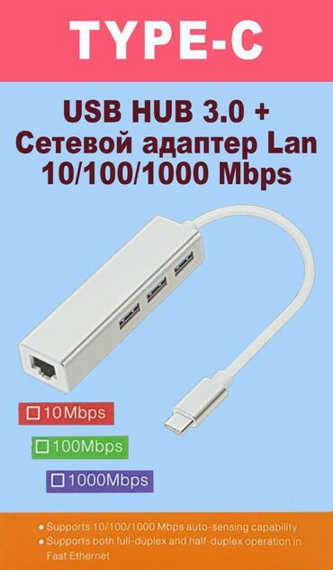 Модемы и сетевое оборудование: Хаб (Hub) USB 3.0 + LAN-порт 10/100/1000mbps. Интерфейс Type-C