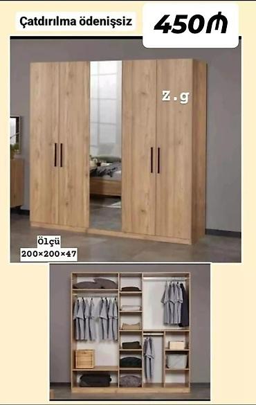 sabalid agaci: Məhsul: 4 qapılı geyim dolabı (güzgülü orta hissə) Qiymət: 450 ₼ — 1