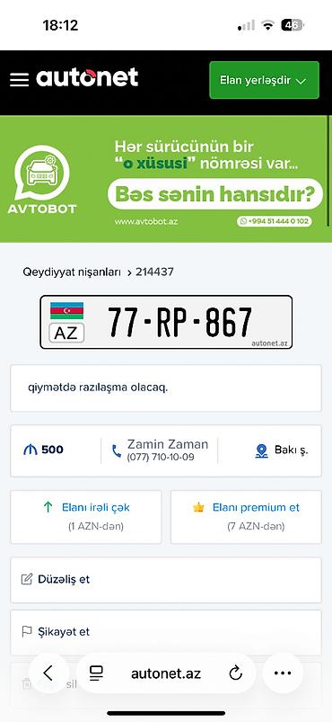 Другой транспорт: Təcili satılır. AZ nömrə nişanı: 77-RP-867 - Qeydiyyat ölkəsi — 1