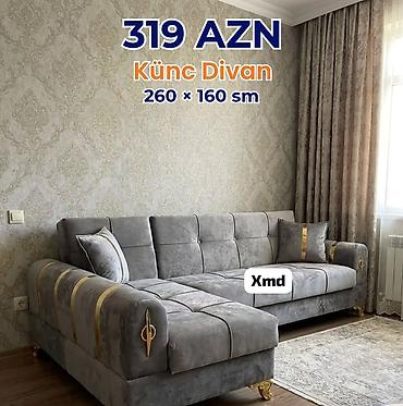 divan ustu parcalar: Künc Divan – 260 × 160 sm Qiymət: 319 AZN - Rəng: Boz (qızılı dekor — 1