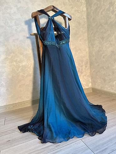 yves saint: Vintage Yves Calin embellished mesh maxi dress in deep ocean blue — 4