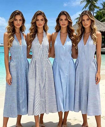 seastar blue: Letnja midi haljina na pruge – V izrez i halter vezanje iza vrata 2700 — 1