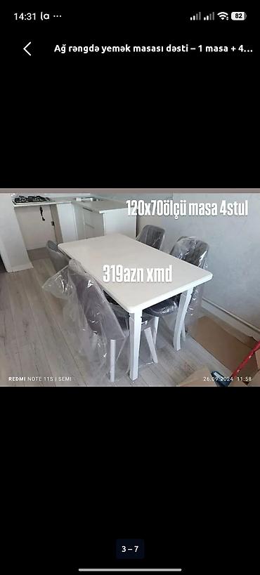 Mətbəx üçün, Yeni, Dördbucaq masa, 4 stul