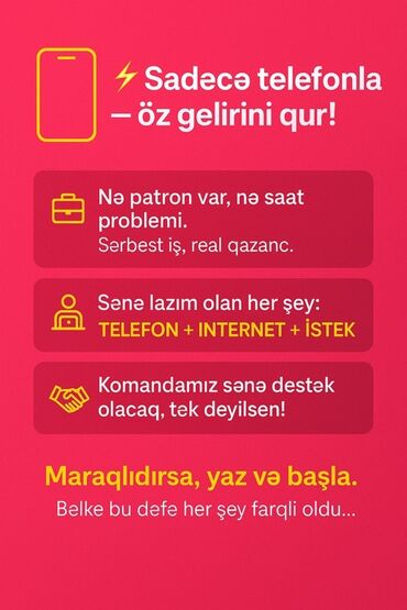 Строительные специальности: Bu elan mobil telefon vasitəsilə öz gəlirini qurmaq istəyənlər üçün iş