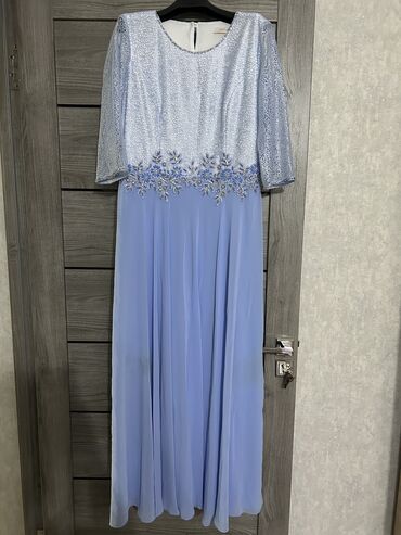 синяя вечерняя платья: Вечернее платье, Классическое, Длинная модель, Атлас, С рукавами, Камни, M (EU 38)