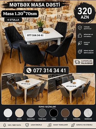 masa ve oturacag: Mətbəx masa dəsti - Komplekt: 1 masa + 4 stul - Masa ölçüsü: 1.20 × — 1
