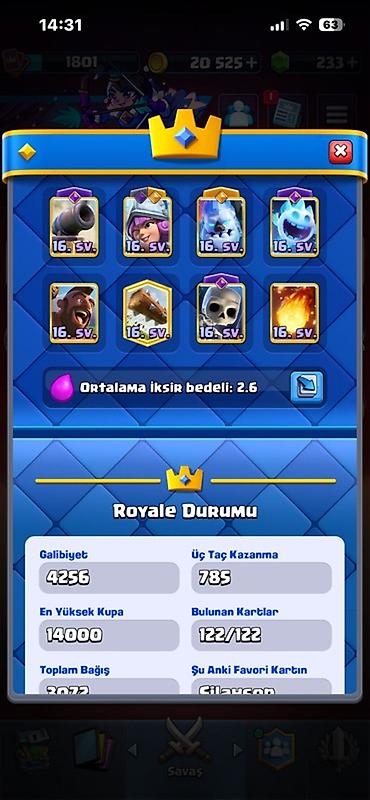 Clash Royale hesabı. Hesabın görünən əsas göstəriciləri: - Kral