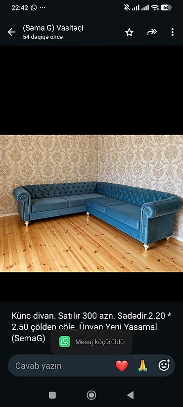 Divanlar: Künc divan. Satılır 300 azn. Sadədir.2.20 * 2.50 çölden çöle. Ünvan — 1