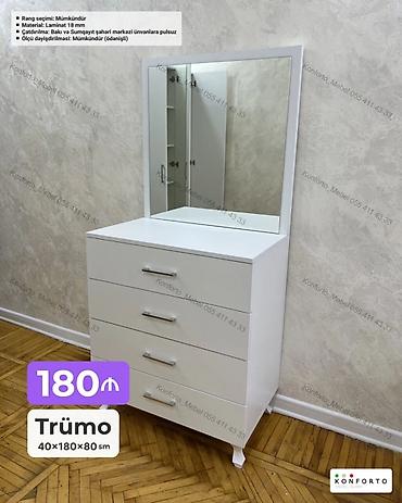 Ev və bağ: Trümo – 40×180×80 sm Ağ rəngdə, müasir dizaynlı trümo. Geniş güzgü — 1