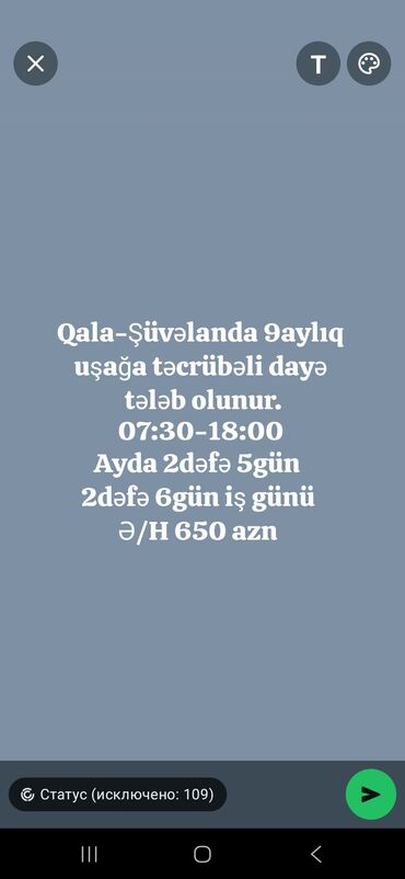 Opel: Qala–Şüvəlanda 9 aylıq uşağa təcrübəli dayə axtarılır. - İş saatları
