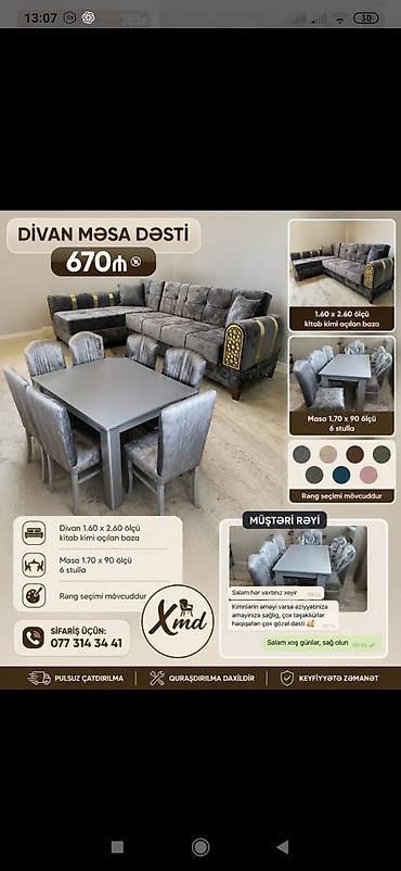 ustol ustul: Divan–Masa Dəsti – Künc divan: 1.60 x 2.60 ölçü, kitab kimi açılan — 2