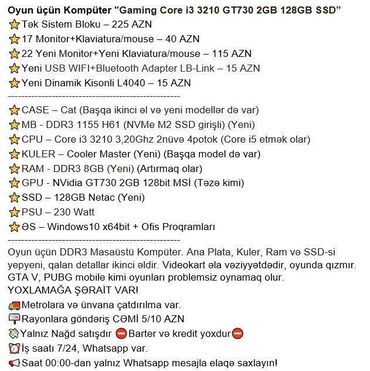 Masaüstü kompüterlər və iş stansiyaları: Oyun üçün Kompüter "Gaming Core i3 3210 GT730 2GB 128GB SSD” ⭐Tək — 2