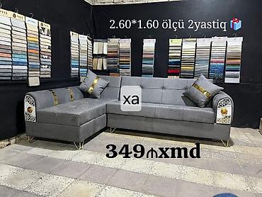 Künc divan – müasir dizayn, boz rəngli parça üzlüklə. - Ölçü: 2.60 m