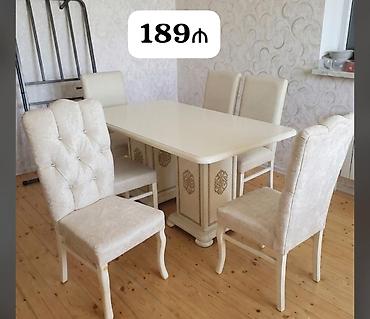 Столы и стулья: Masa dəsti – 189₼ • Komplekt: Masa + 4 ədəd kökə tipli kürsü, üstündə — 1