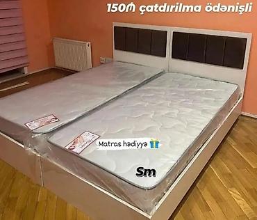 ikili carpayı: İki nəfərlik yataq dəsti - Rəng: ağ karkas, başlıqda tünd dəri/parça — 1