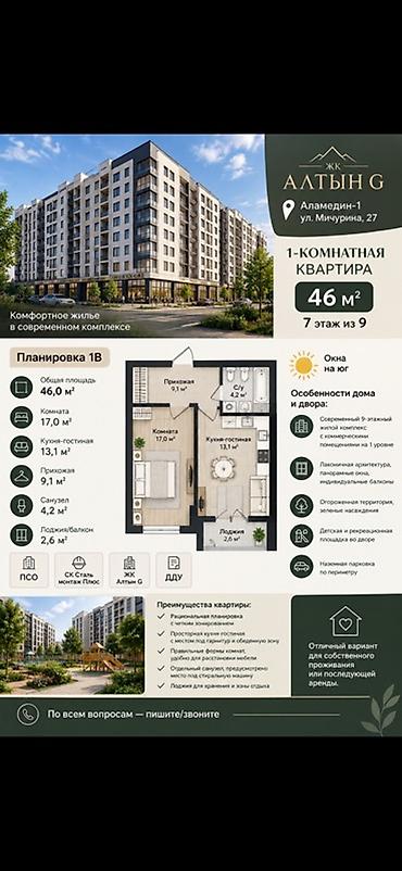 46: 1 комната, 46 м², 7 этаж, ПСО (под самоотделку) — 1