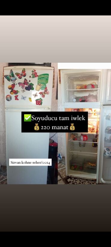 Ağ rəngli ikikapılı soyuducu, üst hissədə dondurucu kamerası, alt