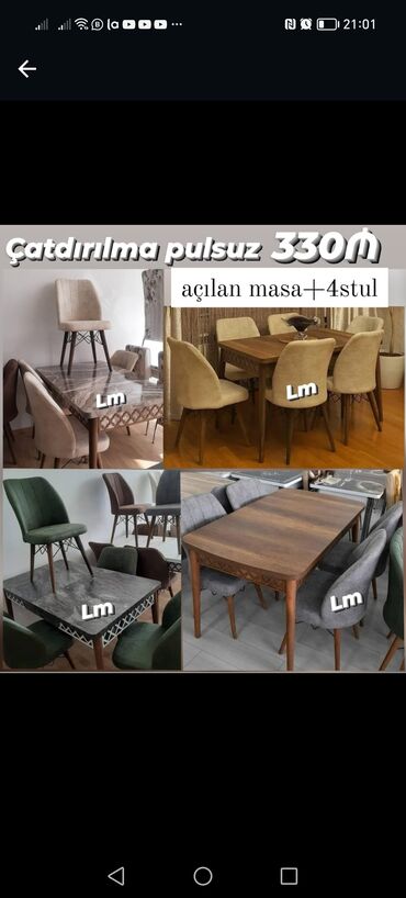 Masa və oturacaq dəstləri: Mətbəx üçün, Yeni, Açılan, Oval masa, 4 stul — 8